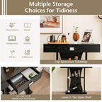 Mesa Consola en Forma de T – Cajón, Estantes, Kits Antivuelco, Recibidor/Entrada Moderno, Negra