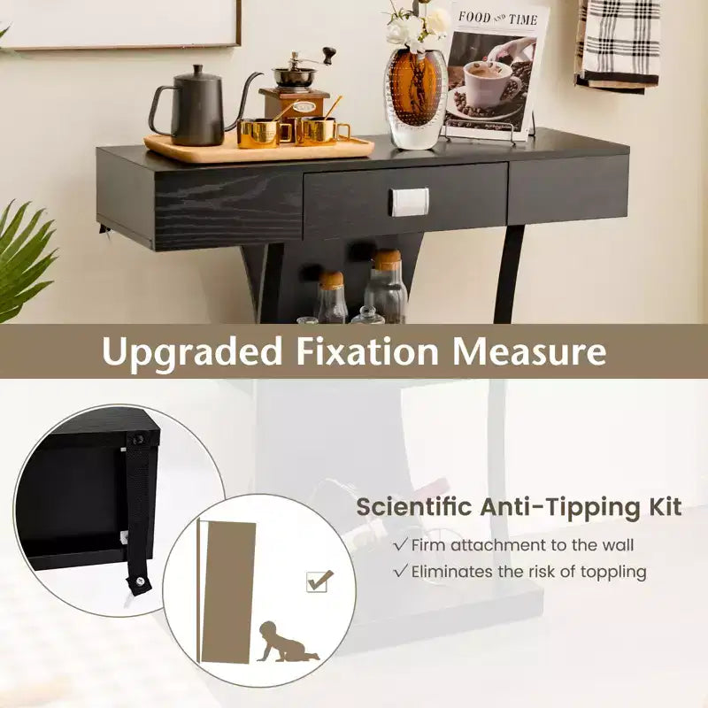 Mesa Consola en Forma de T – Cajón, Estantes, Kits Antivuelco, Recibidor/Entrada Moderno, Negra