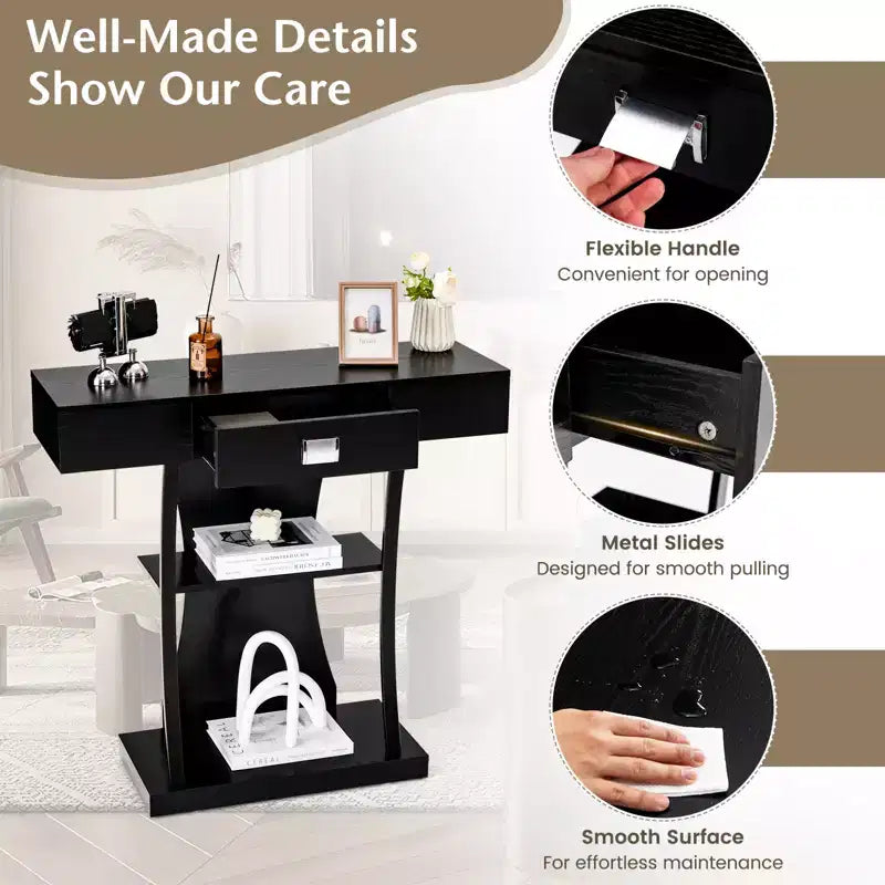 Mesa Consola en Forma de T – Cajón, Estantes, Kits Antivuelco, Recibidor/Entrada Moderno, Negra