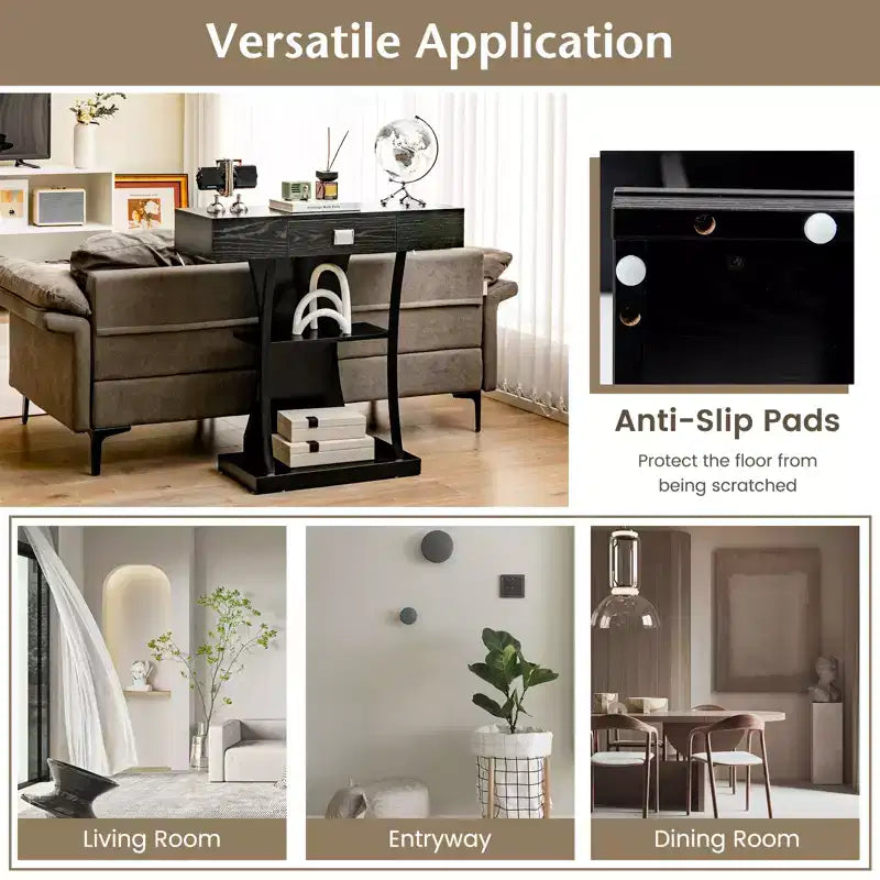 Mesa Consola en Forma de T – Cajón, Estantes, Kits Antivuelco, Recibidor/Entrada Moderno, Negra