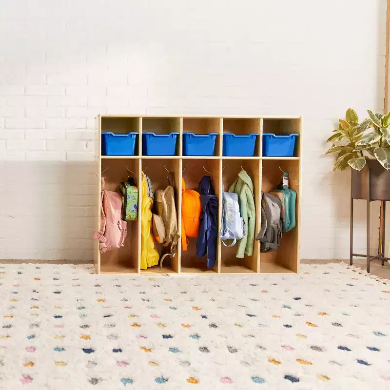 Armario de 5 secciones para niños pequeños y 5 contenedores frontales hondos, almacenamiento con cubículos