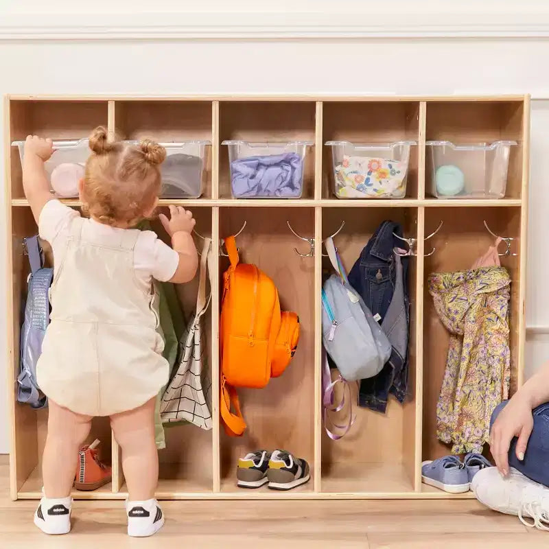 Armario de 5 secciones para niños pequeños y 5 contenedores frontales hondos, almacenamiento con cubículos