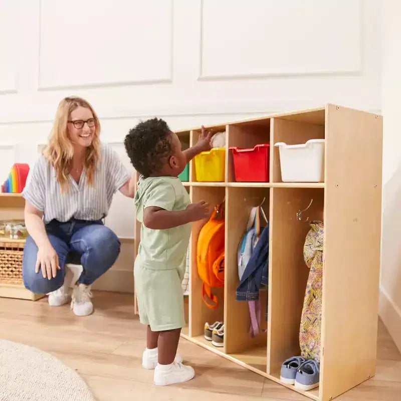 Armario de 5 secciones para niños pequeños y 5 contenedores frontales hondos, almacenamiento con cubículos