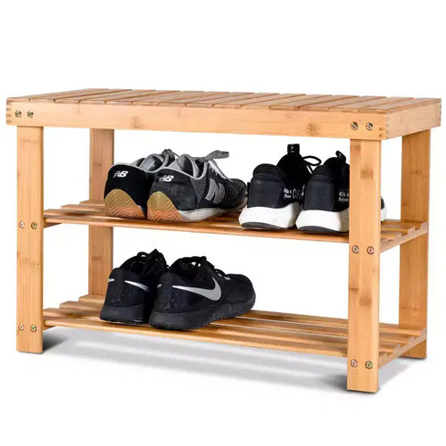 Costway 2-Tier Bamboo Shoe Bench Storage Racks Seat Organizer Entryway Hallway