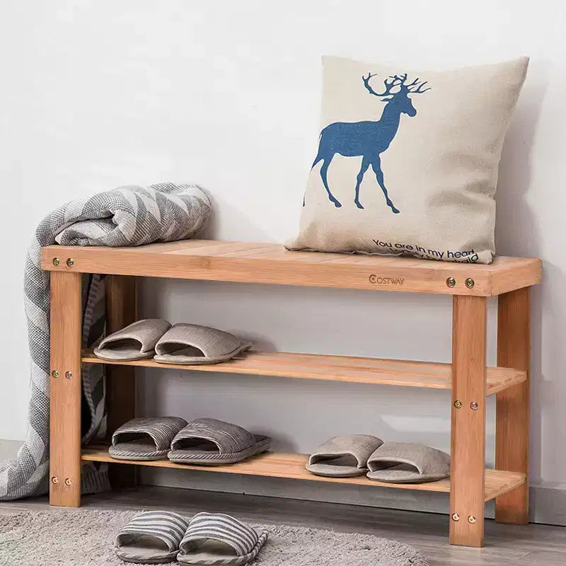 Banco de bambú de 2 niveles para zapatos – Organizador de asiento para entrada y pasillo