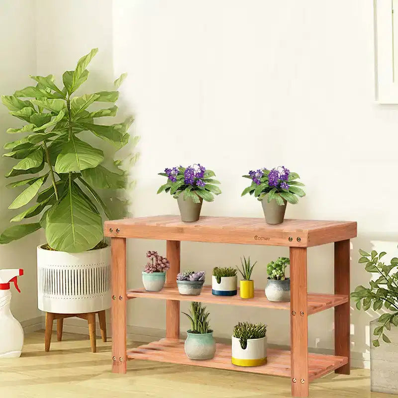Banco de bambú de 2 niveles para zapatos – Organizador de asiento para entrada y pasillo