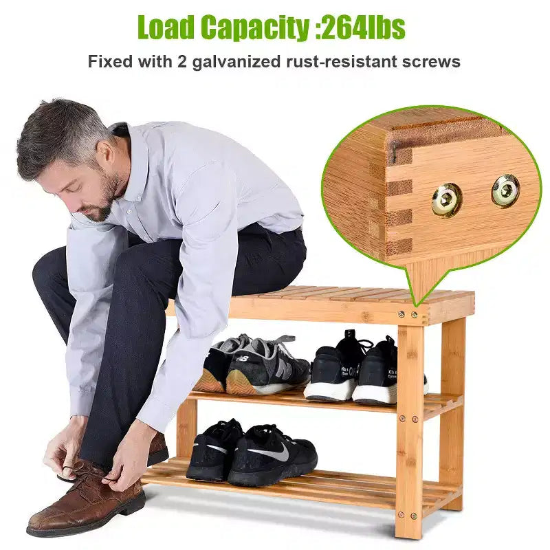 Banco de bambú de 2 niveles para zapatos – Organizador de asiento para entrada y pasillo