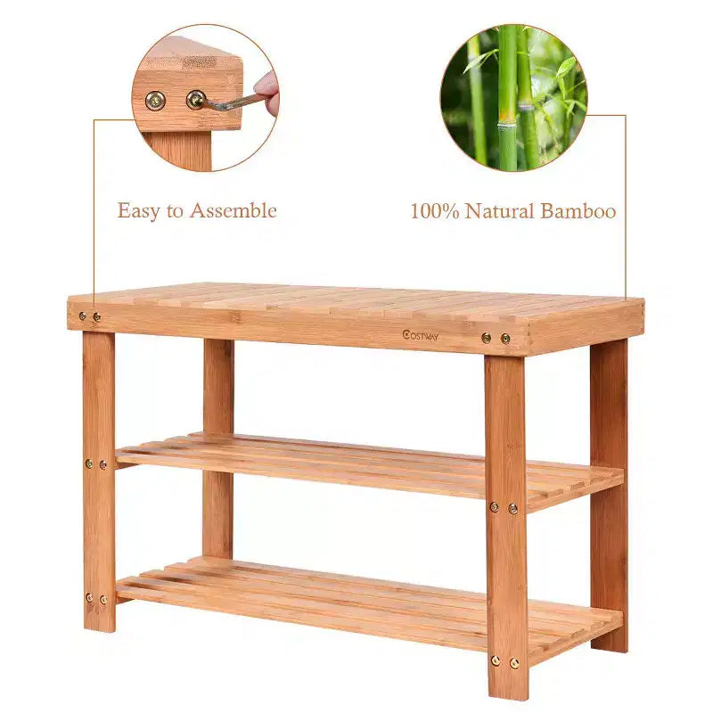 Banco de bambú de 2 niveles para zapatos – Organizador de asiento para entrada y pasillo