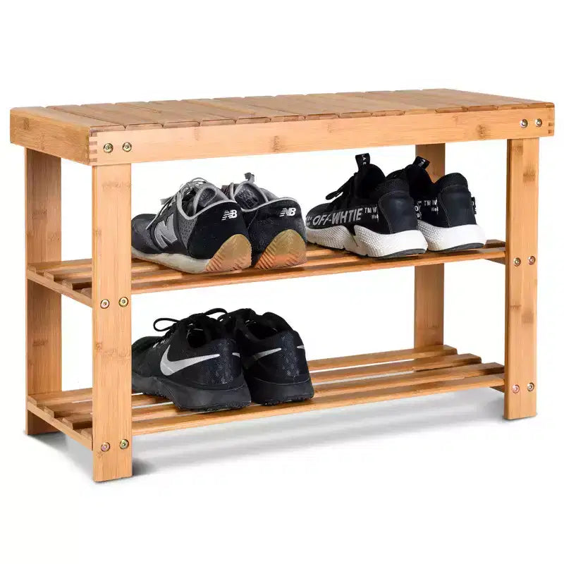 Banco de bambú de 2 niveles para zapatos – Organizador de asiento para entrada y pasillo